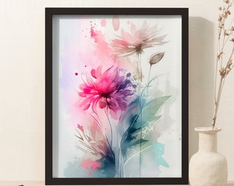 Boho blommig akvarellkonsttryck: Mjuk pastellblomdesign (digital nedladdning)