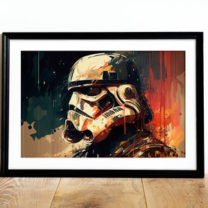 Puede incluir: Una pintura digital de un casco de Stormtrooper en un estilo abstracto y colorido. El casco está pintado en tonos dorados, negros y blancos, con salpicaduras de pintura roja y naranja.