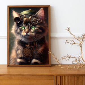 May include: A portrait of a cat wearing a steampunk-style hat and goggles. The cat has green eyes and is looking directly at the viewer. The background is a dark green.