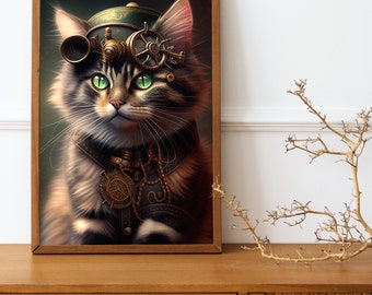 Steampunk kattkonsttryck: Tinker Kitty väggdekor (digital nedladdning)