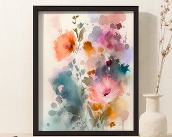 Boho pastellfärgat blommigt akvarelltryck: Lugn vårväggdekoration (digital nedladdning)
