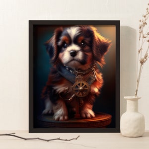 May include: A small, brown, black, and white puppy wearing a blue and gold collar with a large, ornate pendant. The puppy is sitting on a wooden platform.