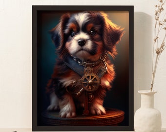 Innovativ Steampunk Tinkervalp utskrivbar konst, ingenjörsinspirerad hund digital nedladdning