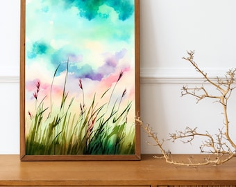Pastel Watercolor Landscape Art Print: Spring Grass Sky (Digital Download)