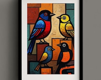 Bird Wall Art Print, Colourful Modern Bird Illustration, Mid Century Style Artwork, Contemporary Home Decor
