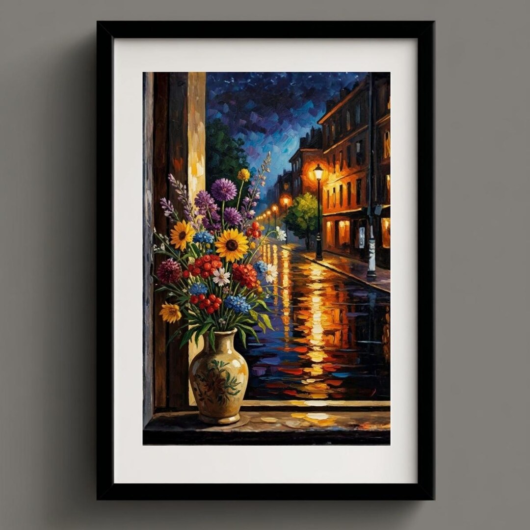 Floral Night Street Wall Art Print, Romantic City Lights Painting ...