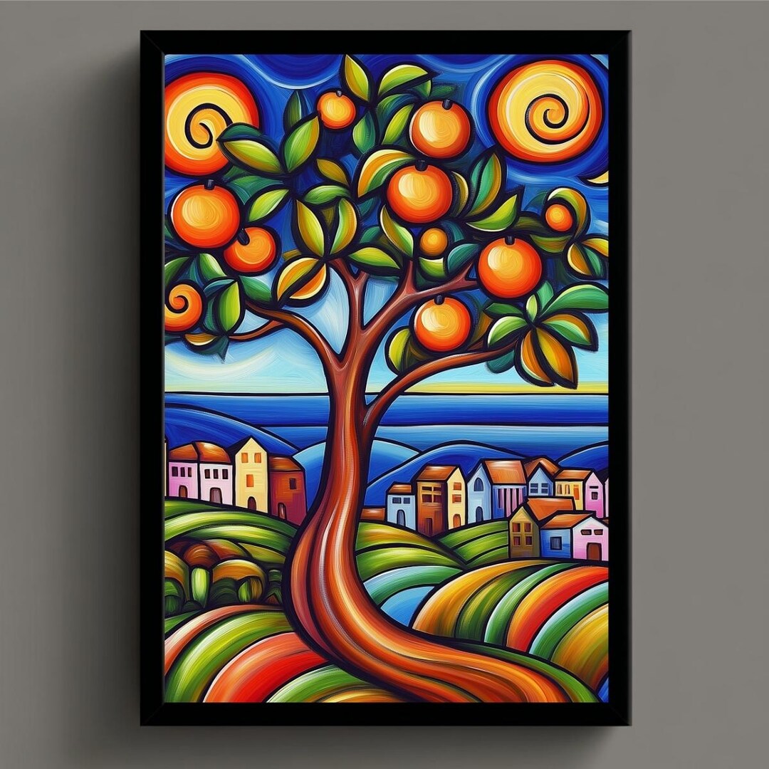 Abstract Orange Tree Wall Art – Colourful Mediterranean Landscape Print ...