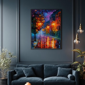 Rainy City Street Art Print: Colorful Urban Nightscape