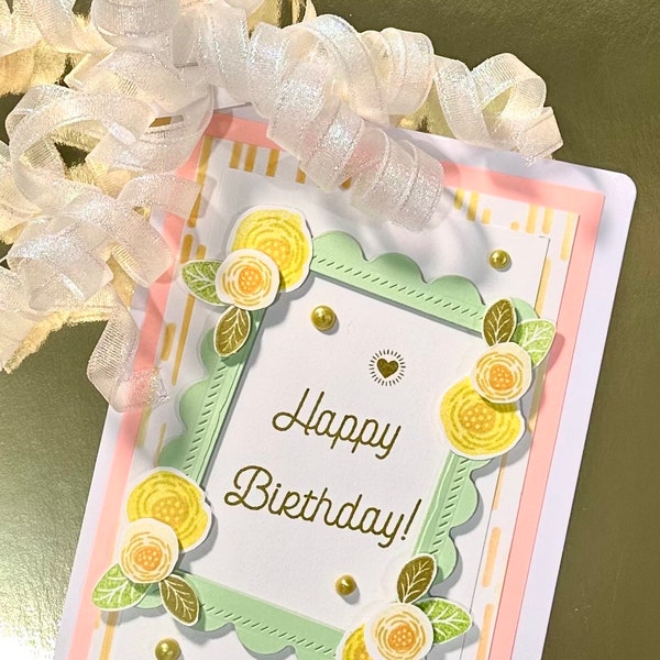 3D Birthday Card, Floral, Framed Sentiment, Happy Birthday, Botanical Card, Handmade Item, Die Cut, Embellished, Hand Inked