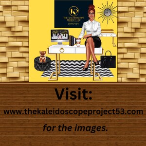 May include: A woman in a white blouse and black skirt sits at a desk with a laptop, a coffee cup, and a black purse. The desk is white with gold legs and a black and white patterned rug underneath. The background is a yellow wall with a black and white logo that says "The Kaleidoscope Project LLC Digital Designs".