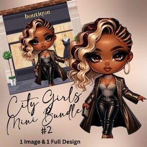May include: A digital illustration of a Black woman with long, wavy blonde and burgundy hair wearing a black leather jacket, black pants, and a sparkly silver top. The background is a storefront with the word "boutique" above the door.