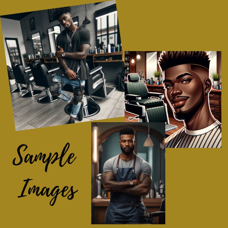 May include: Three images showing different men's hairstyles. The first image shows a man with short, black hair in a barbershop setting. The second image shows a man with a short, black afro in a barbershop setting. The third image shows a cartoon illustration of a man with a short, black afro.