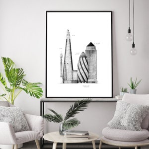 SKYSKRAPERS of London Großer gerahmter Druck, Handgezeichnet, Architektonische Wandkunst Geschenkideen, Londoner Wahrzeichen Illustration Poster, Londoner Türme