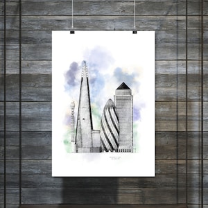 Wolkenkratzer von London Aquarell gerahmter Druck, handgezeichnet, architektonische Wandkunst Geschenkideen, London Sehenswürdigkeiten Illustration Poster, Türme