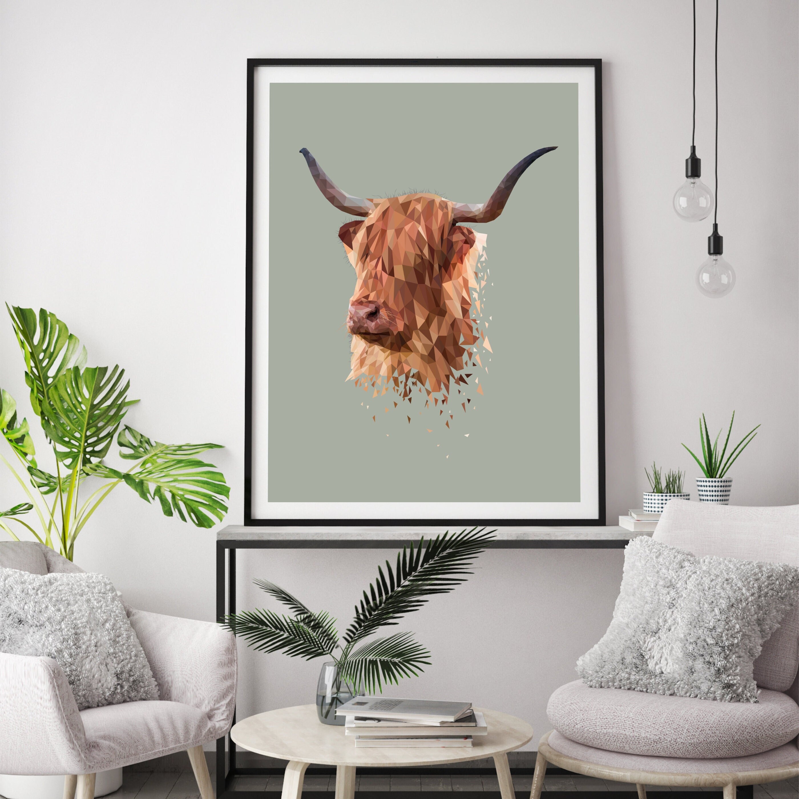 HIGHLAND COW Framed Print, Cow Illustration, Abstract Animal Art