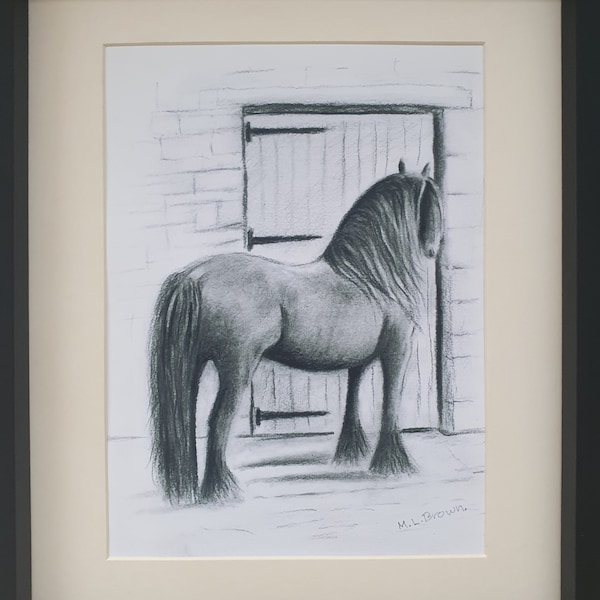 Oeuvre d'art de poney tombé, dessin au fusain, croquis de poney tombé, art de cheval, impression en édition limitée.