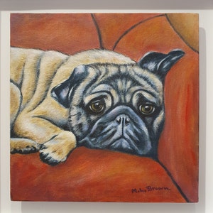 Original Pug dog painting, Original  Acrylics portrait, pug artwork, pug gift, cute pugs present, hand painted pugs art, pugs crafts.