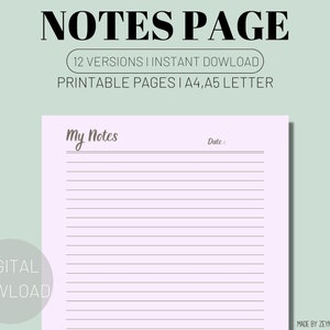 Printable Lined Page - Lined Sheets Printable - Notes Printable - Writing Paper - Journal Pages - Set of 12 - PDF - A4  A5 - LETTER -