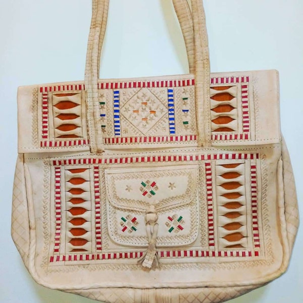 Moroccan Leather bag Vintage women bag , Handmade hand bag 100% Naturel Leather Beige Tote bag Inactive