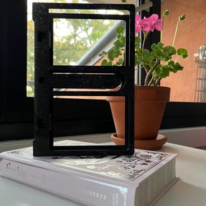 Puede incluir: Un objeto negro rectangular con marco abierto y textura moteada, apoyado sobre un libro cerrado con el título "Fearless" en letras plateadas. Una planta en maceta con flores rosas se encuentra en el fondo.
