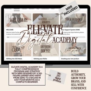 以下が含まれることがあります： ラップトップの画面に「Elevate Digital Academy」のウェブサイトが表示されています。「Welcome」、「Master Resell Rights」、「Your Support System」などのセクションがあります。画面上のテキストには「300+ DFYデジタル製品」と「ブランドを構築する」が含まれています。