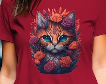 Unisex T-Shirt Katze und Blumen | rote Katze Katzen Liebe Cat Mom Cat Dad Blüten Garten Katzenfreund Trendy Cool Stylish Geschenk | 331APT2