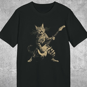 Rock cat plays guitar retro vintage funny organic bio t-shirt electric guitar rocker gift guitarist unisex women men | 502APT3