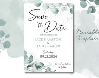 Eucalyptus Save The Date Template, Printable Save the Date Card, Save Our Date Digital Template, Digital Download, Wedding Announcement