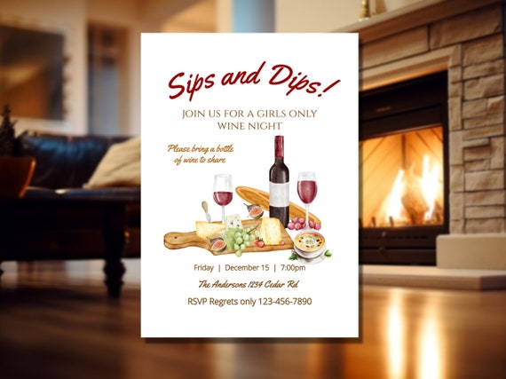 Sips and Dips Invite Editable Wine Night Invitation Ladies Night Invite Moms Night Partners In Wine Instant Download Printable DIY Invite