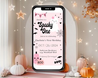 Spooky One Birthday Invitation Editable Halloween Birthday Template Pink Ghost Party Girl First Birthday Spooktacular 1st Birthday Invite