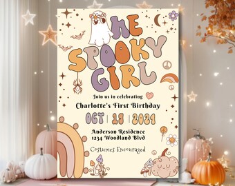 One Spooky Girl Birthday Invitation Editable Halloween Birthday Template Pink Ghost Girl First Birthday Spooktacular 1st Birthday Invite