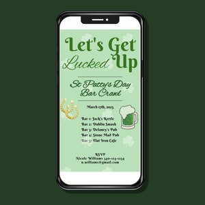 St Patrick's Day Bar Crawl St. Patty's Invite Template Printable Invitation Digital Download Let's Get Lucked Up Green & Gold Shamrock evite