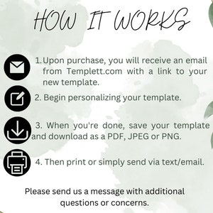 May include: An infographic titled "HOW IT WORKS" with steps for using a template. The steps include receiving an email, personalizing the template, saving and downloading as PDF, JPEG, or PNG, and printing or sending via text/email.