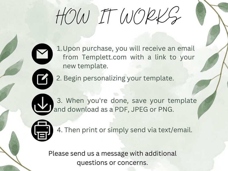 May include: An infographic titled "HOW IT WORKS" with steps for using a template. The steps include receiving an email, personalizing the template, saving and downloading as PDF, JPEG, or PNG, and printing or sending via text/email.