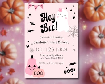 May include: Pink and black Halloween party invitation with a cute ghost and the text "Hey Boo!"  Join us in celebrating... Charlotte's First Boo-day OCT 26 2024 Anderson Residence 1234 Woodland Blvd Costumes Encouraged BOO BOO!