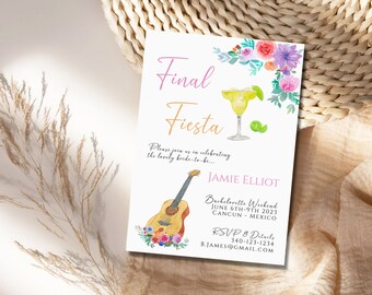May include: A watercolor invitation for a bachelorette party with the text "Final Fiesta" in pink and orange. The invitation features a margarita, a guitar, and floral accents. The text also includes the bride-to-be's name, Jamie Elliot, the date of the party, June 6th-9th 2023, and the location, Cancun, Mexico.