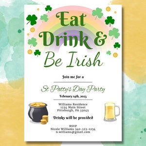 St Patrick&#39;s Day Invitation, Eat Drink & Be Irish, Party Invitation Template, Printable Invitation, Digital Download, Party Invite, Shamrock