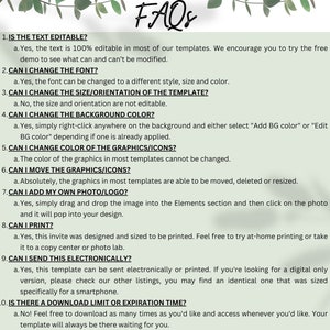 May include: A light green and white FAQ sheet with text answering common questions about template editing. The text includes information on font changes, background color, and adding photos. Decorative leaves are in the top right corner.