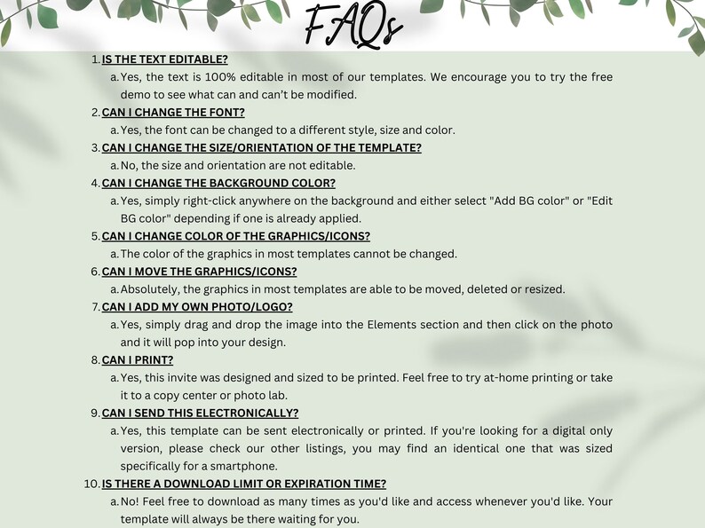 May include: A light green and white FAQ sheet with text answering common questions about template editing. The text includes information on font changes, background color, and adding photos. Decorative leaves are in the top right corner.