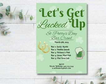 St Patrick's Day Bar Crawl St. Patty's Invite Template Printable Invitation Digital Download Let's Get Lucked Up Green & Gold Shamrock