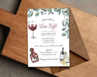 May include: A white invitation card with green watercolor leaves and a glass of red wine. The text reads "Join us for a Wine Night" with the date August 14th, 2023. The invitation includes the address, RSVP information, and the phrase "Hors d'oeuvres will be provided".