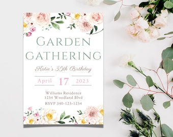 May include: A white invitation card with a floral border. The text reads "GARDEN GATHERING Katie's 35th Birthday April 17 2023 Williams Residence 1234 Woodland Blvd RSVP 340-123-1234"