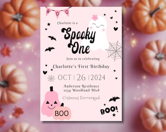 Spooky One Birthday Invitation Editable Halloween Birthday Template Pink Ghost Party Girl First Birthday Spooktacular 1st Birthday Invite