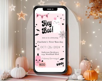 Hey Boo Birthday Invitation Editable Halloween Birthday Template Pink Ghost Party Girl First Birthday Spooktacular 1st Birthday Evite