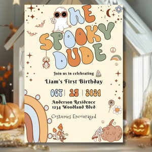 One Spooky Dude Geburtstagseinladung bearbeitbare Halloween-Geburtstagsvorlage Blue Ghost Party Boy Erster Geburtstag Spooktacular 1st BirthdayInvite