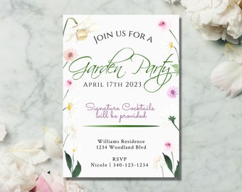 May include: A white invitation card with floral illustrations and green text. The text reads "Join us for a Garden Party April 17th 2023 Signature Cocktails will be provided Williams Residence 1234 Woodland Blvd RSVP Nicole | 340-123-1234"