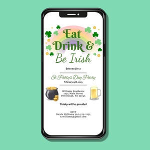 St. Patrick&#39;s Day Invitation, Shamrock Saint Patricks Party Invite, Digital Invitation Template, Eat Drink & Be Irish, Electronic Invite