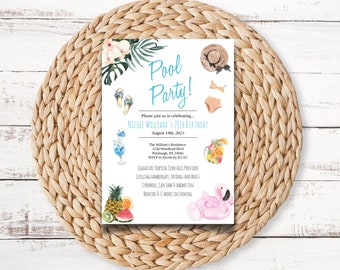 May include: Pool party invitation with a tropical theme. The invitation features a flamingo float, cocktails, and a list of activities. The text reads "Pool Party!" and "Please join us in celebrating... Nicole William's 28th Birthday".