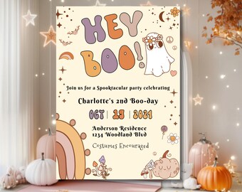 Hey Boo Birthday Invitation Editable Halloween Birthday Template Pink Ghost Girl First Birthday Spooktacular 1st Birthday Invite Spooky