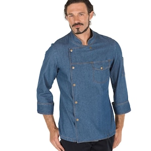 Unisex Chef Jacket - Comfortable and Resistant Denim Uniform for Cooks, Baristas, and Chefs - Embroidered Name - Navy Blue Washed Jeans